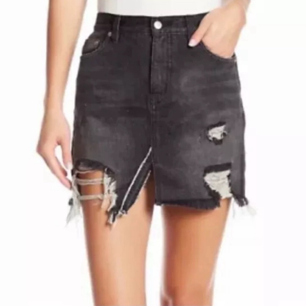 FP We The Free Faded Black Mini Skirt with Distressed Frayed Hem
